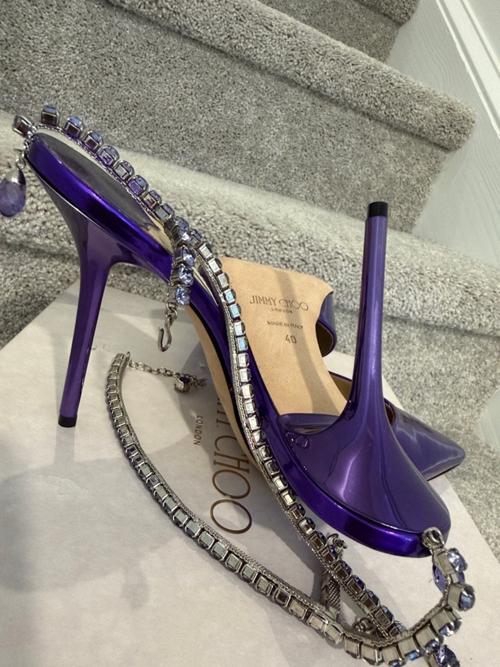 Jimmy Choo Metallic Purple Crystal T-Strap Pointed Slingback Heels - Picture 9 of 17